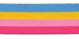 Blauw-geel-roze-fuchsia streep grosgrain/ribsband 25 mm (ca. 45 m)