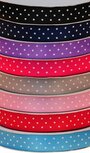 Set: 8 kleuren 15 mm satijnband met witte stippen (ca. 240 m)