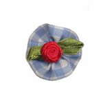 Roosje satijn rood op blauw geruit blad 25 mm (10 stuks)