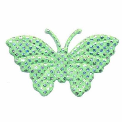 Applicatie glim vlinder groen met zilveren stippen groot 45 x 30 mm (25 stuks)