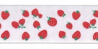 Wit organza lint met rode aardbeien 25 mm (ca. 45 m)