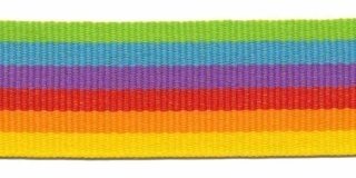 Geel-oranje-rood-paars-licht blauw-gifgroen streep grosgrain/ribsband 25 mm (ca. 45 m)