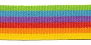 Geel-oranje-rood-paars-licht blauw-gifgroen streep grosgrain/ribsband 25 mm (ca. 45 m)