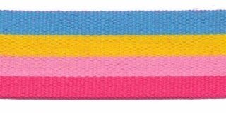 Blauw-geel-roze-fuchsia streep grosgrain/ribsband 25 mm (ca. 45 m)