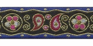 Paisley sierband zwart-kobalt blauw-fuchsia-goud 25 mm (ca. 22 m)