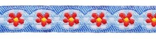 Licht blauw-wit geruit sierband met rode bloem 12 mm (ca. 22 m)