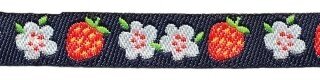 Donker blauw sierband met rode aardbeien en witte bloemetjes 12 mm (ca. 22 m)