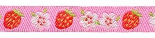 Roze sierband met rode aardbeien en witte bloemetjes 12 mm (ca. 22 m)