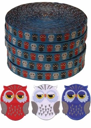 Set rood-wit-blauwe uiltjes applicaties (3x5 stuks) en sierband 15 mm (ca. 22 m)