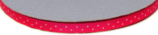 Fuchsia dubbelzijdig satijnband met witte stippen 7 mm (ca. 30 m)