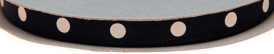 Donker blauw dubbelzijdig satijnband met grote witte stippen 10 mm (ca. 30 m)