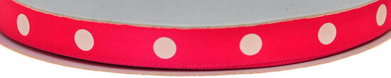 Fuchsia dubbelzijdig satijnband met grote witte stippen 10 mm (ca. 30 m)
