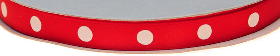 Rood dubbelzijdig satijnband met grote witte stippen 10 mm (ca. 30 m)