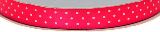 Fuchsia dubbelzijdig satijnband met witte stippen 13 mm (ca. 30 m)