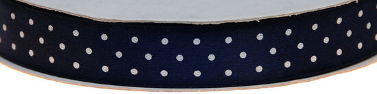 Donker blauw dubbelzijdig satijnband met witte stippen 15 mm (ca. 30 m)