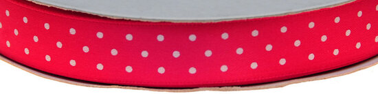 Fuchsia dubbelzijdig satijnband met witte stippen 15 mm (ca. 30 m)