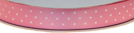 Licht roze dubbelzijdig satijnband met witte stippen 15 mm (ca. 30 m)