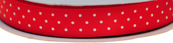 Rood dubbelzijdig satijnband met witte stippen 15 mm (ca. 30 m)
