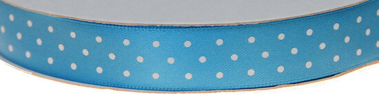 Licht blauw dubbelzijdig satijnband met witte stippen 15 mm (ca. 30 m)