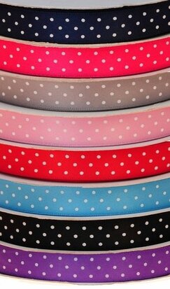 Set: 8 kleuren 13 mm satijnband met witte stippen (ca. 240 m)