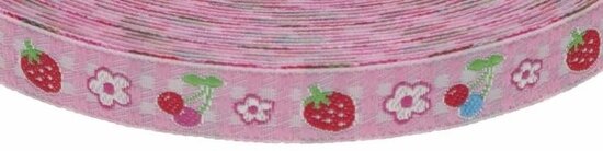 Roze-wit geruit band met aardbei, kers en bloemetje 12 mm (ca. 22 m)