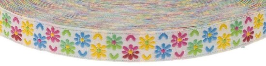 Geel-roze-groen-blauw-wit bloemband 12 mm (ca. 22 m)