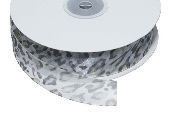 Panterprint organza lint grijs 25 mm (ca. 45 m)