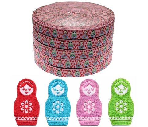 Set rode-blauwe-roze-groene babushka applicaties (4x5 stuks) en roze-rood babushka met stippen sierband 15 mm van (ca. 22 meter)