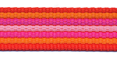 Tassenband 25 mm streep rood/oranje/fuchsia/roze EXTRA STEVIG (ca. 5 m)