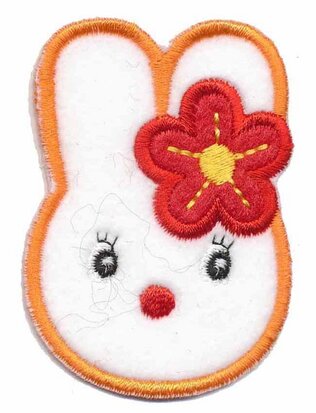 Applicatie konijn wit/oranje met rode bloem (5 stuks)