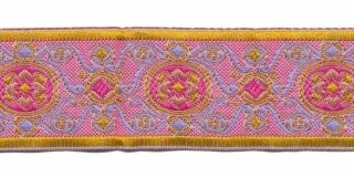 Jacquard/barok stijl sierband oud roze-lila-oker geel 25 mm (ca. 22 m)