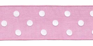 Roze met witte stippen organza lint 25 mm (ca. 45 m)