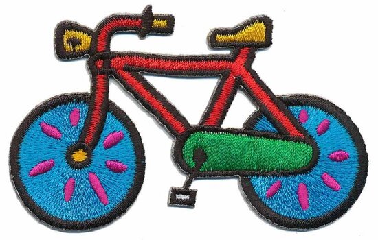 Opstrijkbare applicatie fiets rood met blauwe wielen (5 stuks)