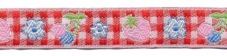Rood-wit geruit band met aardbei en bloemetje 12 mm (ca. 22 m)