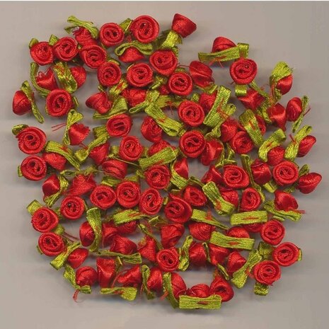 Satijnen roosjes op blad rood (ca. 100 stuks) 