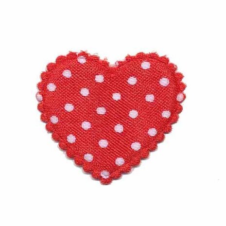 Applicatie hart rood met witte stippen satijn middel 35 x 30 mm (ca. 25 stuks)
