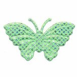 Applicatie glim vlinder groen met zilveren stippen groot 45 x 30 mm (25 stuks) Applicatie glim vlinder groen met zilveren stippen groot 45 x 30 mm (25 stuks)