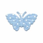 Applicatie vlinder licht blauw met witte stippen satijn middel 40 x 25 mm (ca. 25 stuks) Applicatie vlinder licht blauw met witte stippen satijn middel 40 x 25 mm (ca. 25 stuks)