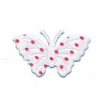 Applicatie vlinder wit met rode stippen satijn middel 40 x 25 mm (ca. 25 stuks) Applicatie vlinder wit met rode stippen satijn middel 40 x 25 mm (ca. 25 stuks)