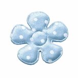 Applicatie bloem licht blauw met witte stippen satijn middel 35 mm (ca. 25 stuks) Applicatie bloem licht blauw met witte stippen satijn middel 35 mm (ca. 25 stuks)