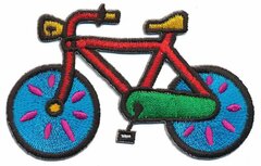 Opstrijkbare applicatie fiets rood met blauwe wielen (5 stuks) Opstrijkbare applicatie fiets rood met blauwe wielen (5 stuks)