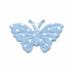 Applicatie vlinder licht blauw met witte stippen satijn middel 40 x 25 mm (ca. 25 stuks)