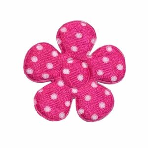 Applicatie bloem fuchsia met witte stippen satijn middel 35 mm (ca. 25 stuks)