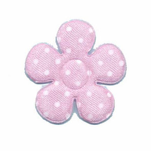 Applicatie bloem roze met witte stippen satijn middel 35 mm (ca. 25 stuks)