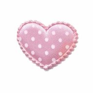 Applicatie hart roze met witte stippen satijn middel 35 x 30 mm (ca. 25 stuks)