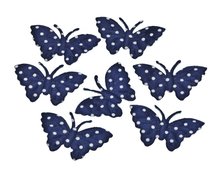 Applicatie vlinder donker blauw met witte stippen satijn middel 40 x 25 mm (ca. 25 stuks)
