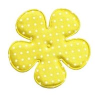 Applicatie bloem geel met witte stippen satijn EXTRA GROOT 65 mm (ca. 25 stuks)