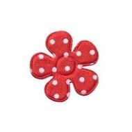 Applicatie bloem rood met witte stippen satijn klein 27 mm (ca. 25 stuks)
