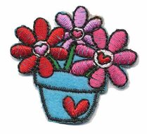Opstrijkbare applicatie bloemen in pot roze/rood/blauw (5 stuks)